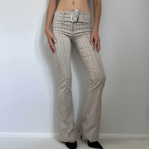 Pantalon évasé taille basse respirant avec boutons métalliques - Pantalon cargo vintage à rayures Y2K à devant plat pour streetwear décontracté - Product Image 3