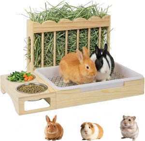 Estación de Alimentación 3 <span class=keywords><strong>en</strong></span> 1 de Madera para Conejos, Comedero de Heno a Prueba de Desorden con Caja de Arena, Juego de Comedero de Heno para Mascotas Pequeñas, para Conejillos de Indias - Product Image 1