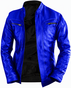 Blouson de moto en cuir véritable violet clair pour homme, col montant, fermeture éclair, coupe ajustée, couleur unie, style automne - Product Image 3