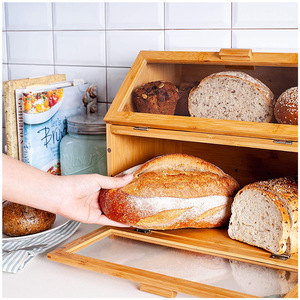 In stock: <b>Bamboo</b> double-layer bread box, large capacity, suitable for home kitchens and countertops, for storing bread, snacks, - Product Image 2