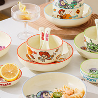 Service de table en céramique à motifs de dessins animés pour enfants, comprenant assiette, bol, cuillère et baguettes, ensemble de vaisselle en porcelaine mignon