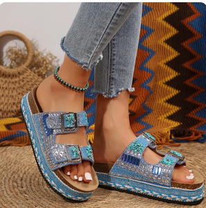 Splendida ciabatte da spiaggia in <span class=keywords><strong>sughero</strong></span> con strass a fondo spesso con corda di canapa a doppia fibbia scarpe da <span class=keywords><strong>donna</strong></span> di grandi dimensioni - Product Image 5