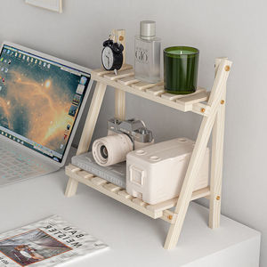 Étagère de rangement de bureau en bois, organisateur pliable à double couche pour bureau, couleur bois naturel, type sur pied - Product Image 2