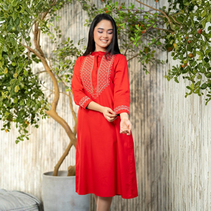 Wholesale Rate <b>Chinese</b> Collar Embroidered Cotton Midi <b>Dress</b> <b>Red</b> Elegant for Women - Product Image 5