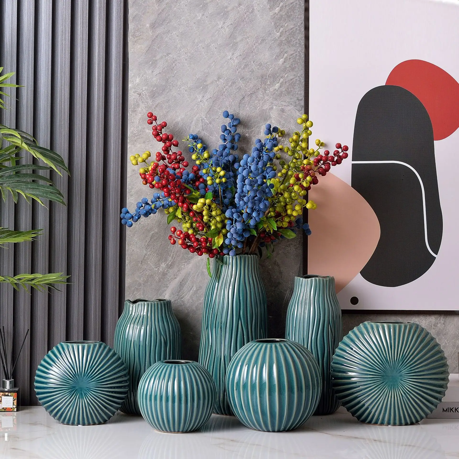 Florero de cerámica verde nórdico creativo, conjunto para decoración del hogar, forma redonda, decoración de oficina