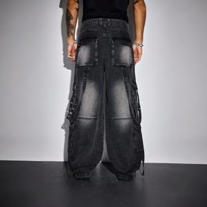맞춤형 헤비 크래프트 남성 디스트레스드 카고 진 OEM ODM 빈티지 워시드 블랙 데님 하이 스트리트 리벳 스트리트웨어 저 MOQ - Product Image 2
