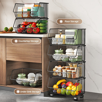 Carrito de almacenamiento con ruedas apilable de alambre metálico para despensa de cocina, carrito con soporte para suelo, cestas de almacenamiento de frutas y verduras