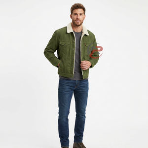 Chaqueta de Lona Verde Oliva para Hombre, Forrada con Sherpa, Cuello Camisero, Corte Regular, para Otoño - Product Image 1