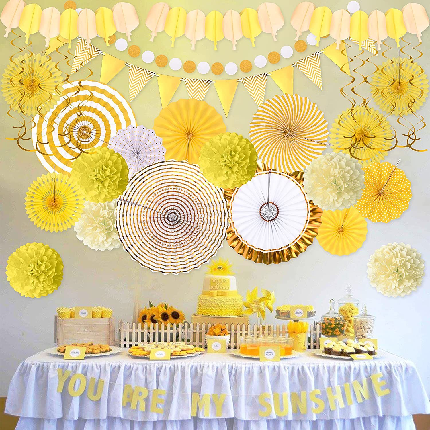 Kit Décoration Fête Arc-en-Ciel 34 Pièces – Pompons, Éventails, Guirlandes, Serpentins, Anniversaire, Mariage, Baby Shower