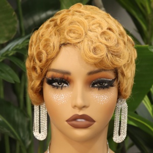 Bán Buôn Nguyên Ấn Độ Ngắn Pixie Cắt Tóc Giả <span class=keywords><strong>Bob</strong></span> Không Có Ren Tóc Giả Glueless Pre Ngắt Ngắn Tóc Giả Xoăn Với Bangs Tự Nhiên Màu Đen - Product Image 4