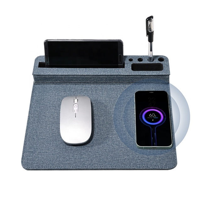 Custom PU Leather Wireless Charging Mouse Pad with USB Hub Pen Phone Holder