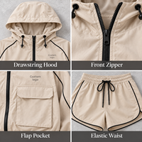 Ensemble de sport deux pièces personnalisé pour femme, veste courte à capuche et short en polyester, séchage rapide pour la randonnée et les activités de plein air