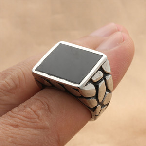 Men's Geometric <b>Titanium</b> Steel <b>Ring</b> Silver Rectangular Bezel Setting Retro Punk Style Jewelry Gift - Product Image 3