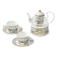 Ensemble de tasses à café/thé et théière en céramique de style moderne européen de luxe unique avec plaqué or sur un motif de construction antique