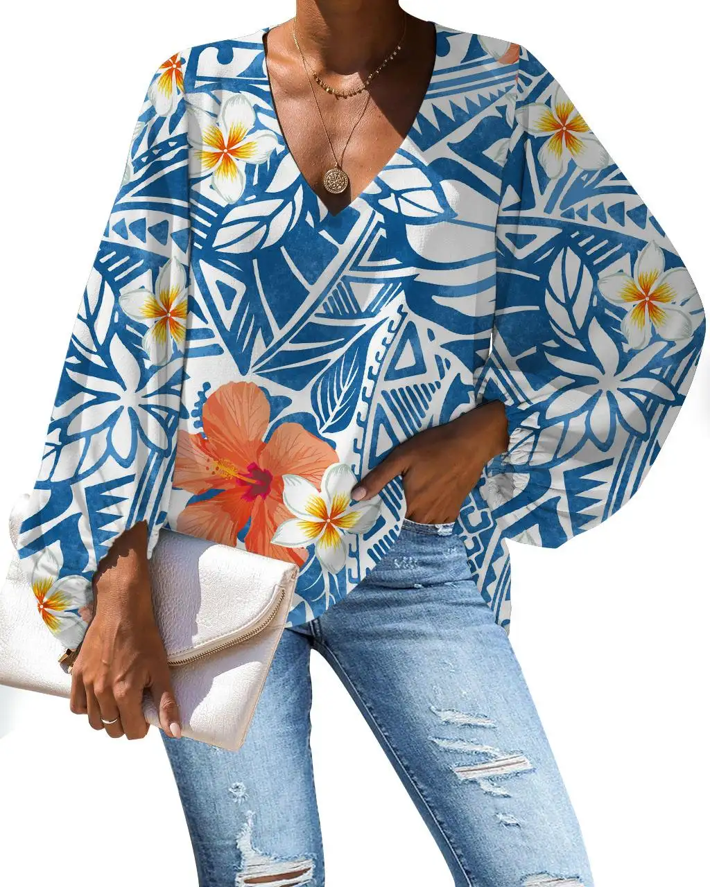 Хорошее качество на заказ 1 MOQ полинезийское Самоа этнический дизайн Гавайский Гибискус принт женские шифоновые блузки с длинным рукавом для повседневного ношения
