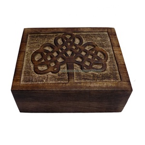 Tree Of Life Carved Handmade Decorative Wooden Jewelry Organizer Box With Square Shape