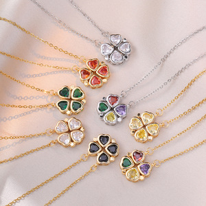 LUOYUNE Collana con Ciondolo a <span class=keywords><strong>Quadrifoglio</strong></span> per Donna, Placcata in Oro 18K, con Zirconi Brillanti, Colorata e alla Moda - Product Image 1