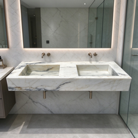 Meuble-lavabo double moderne en marbre blanc Arabescato Calcatta, pierre naturelle, finition polie, avec drain intégré et robinet monotrou