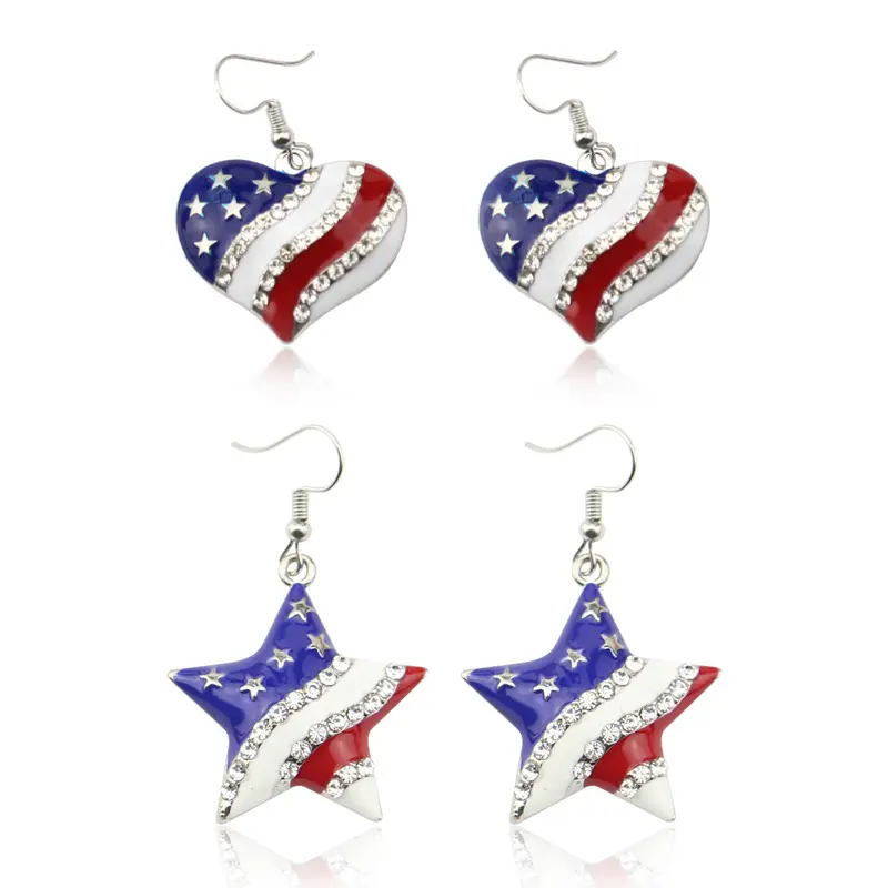 Brincos com pingente de coração com cinco estrelas e strass, bandeira americana, moda de venda imperdível, para o Dia da Independência dos EUA