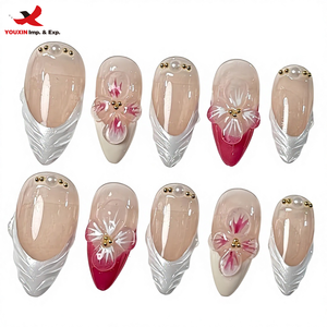 Uñas Acrílicas Francesas con Diseño de Flor 3D, Forma Almendrada Mediana, Cobertura Total, Reutilizables, Pre-Diseñadas, GZ RTS, Pedido Mixto al por Mayor - Product Image 1