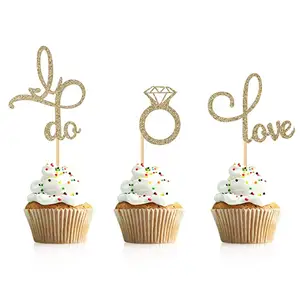 48 Pcs Gold Glitter Diamond Ring Love I Do Cupcake Topper Picks for Wedding Engagement Party Cake Decorations