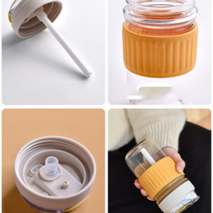 Glass Tumbler Glass Water <b>Bottle</b> With Straw and HandleHot Sale Portable Travel Drinking Cup14oz Borosilicate - Product Image 4
