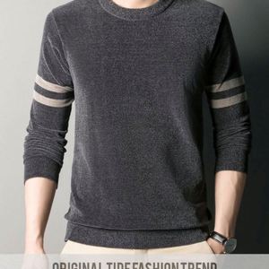 Automne hiver hommes anti-rétrécissement tricoté tout-match rayé Chenille pull col rond mince pull doux avec Logo avant - Product Image 5
