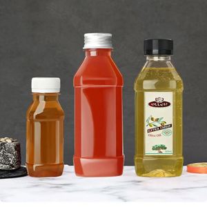 Bouteille en plastique PET transparente personnalisée de 100 ml, 250 ml, 350 ml pour thé au lait, jus, carrée avec couvercle noir argenté - Product Image 1