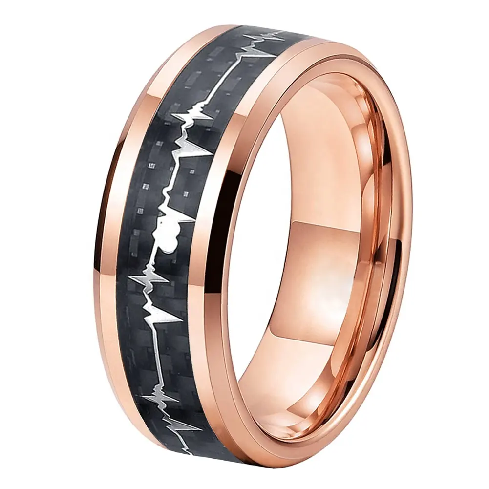 Coolstyle Jewelry 8mm Rose Gold Tungsten Carbide Ring for Men Women Heartbeat Black Carbon Fiber Inlay Polished Comfort Fit