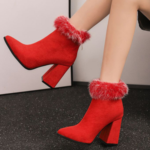 Large Size 48 Women's High Chunky Heels Ankles Boots Big Feet Wide Fit Top Fur Short Booties Leopard Print <b>Shoes</b> - Product Image 2