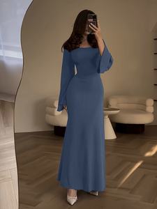 เดรสไหมพรมแขนยาวทรงปล่อยชาย คอทรงกลม สายรัดหลัง สีพื้น ลายทาง สำหรับผู้หญิง - Product Image 6