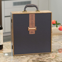 Boîte à vin en bois enveloppée de cuir PU de luxe, design de poignée élégant personnalisé, emballage cadeau rétro pour vin