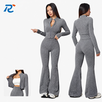 Ensemble de yoga côtelé pour femme avec fermeture éclair intégrale, leggings évasés à manches longues, tenue de fitness à col montant, vêtements de sport deux pièces