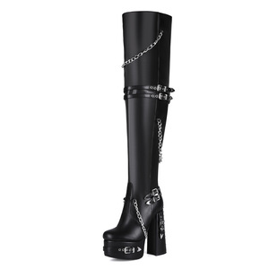 Bottines noires de haute qualité, style Y2K, rivets punk gothiques, semelle épaisse, talon bloc, grande taille 44, pour femmes, au-dessus du genou - Product Image 4