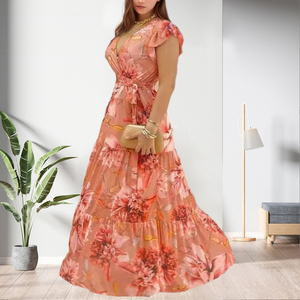 เดรสยาวพิมพ์ลายดอกไม้ชีฟองคอวีแขนสั้นเซ็กซี่แบบใหม่สำหรับผู้หญิงแฟชั่น - Product Image 2