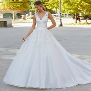 Thiết kế sang trọng không tay công chúa Bridal gowns wed Evening Dresses Wedding Big trailing French ren Wedding Dress