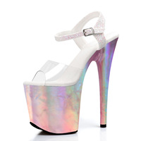 Nouvelles sandales d'été blanches pour femmes, à semelle épaisse, talon fin, bride de cheville fine, chaussures sexy pour pole dance, 20 cm (8 pouces), performance en boîte de nuit