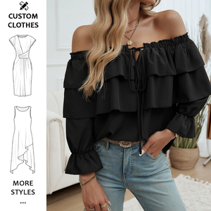 Blusas de señora Nuevas camisas vintage con volantes al por mayor para damas Top negro con hombros descubiertos - Product Image 1