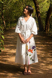 The Meadow Patch <b>Dress</b> 100% Cotton Woven Natural Waistline 3/4th Sleeves <b>Elasticated</b> Hems Floral Patch Embroidery Front & Back - Product Image 4