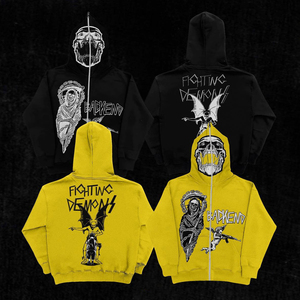 Backkem <b>Men's</b> Zip-Up <b>Hoodie</b> Gothic Demon Print Black <b>Yellow</b> Cotton Hooded Sweatshirt Autumn Streetwear Regular Fit Hoodies - Product Image 1