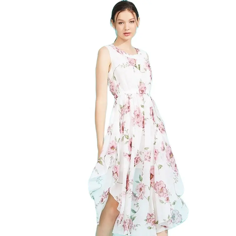 사용자 정의 패션 캐주얼 우아한 라운드 칼라 민소매 인쇄 순수 코튼 여성 드레스