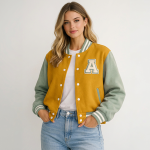 Veste universitaire en laine rose et vert sauge pour femme, veste bomber, coupe classique, col rabattu, fermeture à boutons, unisexe - Product Image 1
