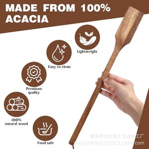 Spatule en bois d'acacia, 1 pièce, résistante au four, lavage à la main uniquement, cuillère de cuisson pour mélanger dans les casseroles - Product Image 5