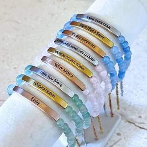 Bracelet personnalisé en acier inoxydable avec message gravé, pierres précieuses, bracelet extensible en pierre naturelle, bracelet à perles personnalisé pour femmes - Product Image 1