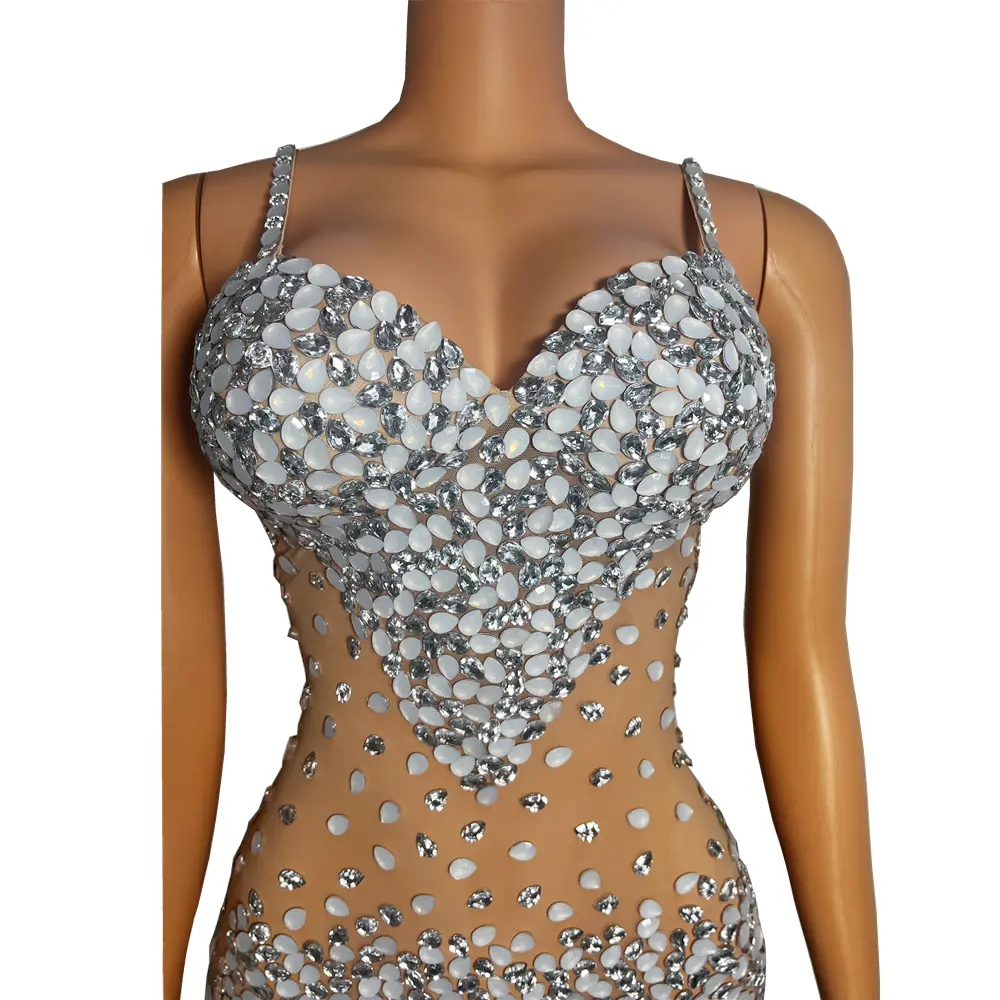 Robe transparente sans manches avec strass argentés, Sexy, robe de danse, extensible, Costume de scène, tenue de soirée, robe de bal