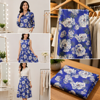 Kain Linen Tenun Organik Ramah Lingkungan Warna Biru Polos Motif Bunga Besar 100% Linen untuk Gaun Wanita dan Anak Perempuan, Kemeja Setengah Panjang
