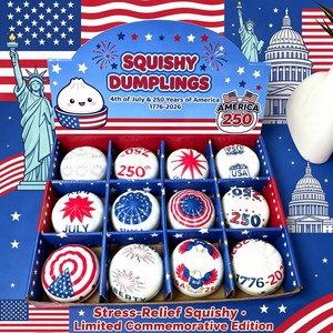 Boîte de 12 Squishies Dumplings du 4 <span class=keywords><strong>juillet</strong></span>, jouet anti-stress en PU à remontée lente, articles de fête USA, édition limitée - Product Image 1