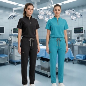 Ensemble de tenues médicales extensibles pour femmes - Uniforme d'infirmière moderne à col en V avec <span class=keywords><strong>pantalon</strong></span> de jogging, broderie de logo personnalisée, vêtements de travail pour clinique - Product Image 1