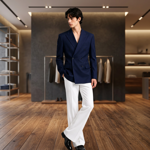 Blazer Azul Marino de Doble Botonadura para Hombre, con Pantalones Blancos, Corte Moderno y Ajustado, Ideal para Eventos Formales, Negocios, Fiestas y Bodas - Product Image 6