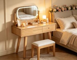 Premium Solid Oak Dressing Table Set Adjustable LED <b>Light</b> <b>Mirror</b> Double Drawer Bedroom Makeup <b>Vanity</b> With Stool - Product Image 2